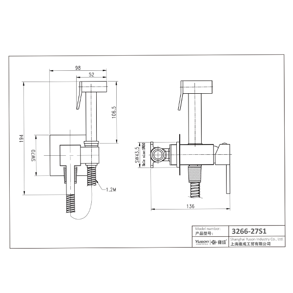 3266-27S1	brass faucet single lever hot/cold water shower mixer with holder, with brass bidet sprayer, with 1.2m shower hose;