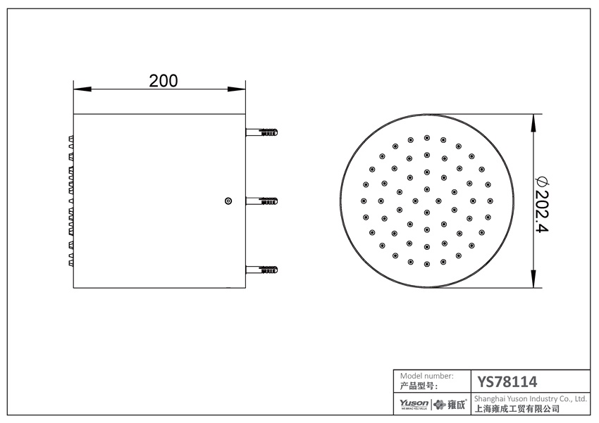 YS78114	SUS304 shower head, rain shower head, cylinder deisgn;