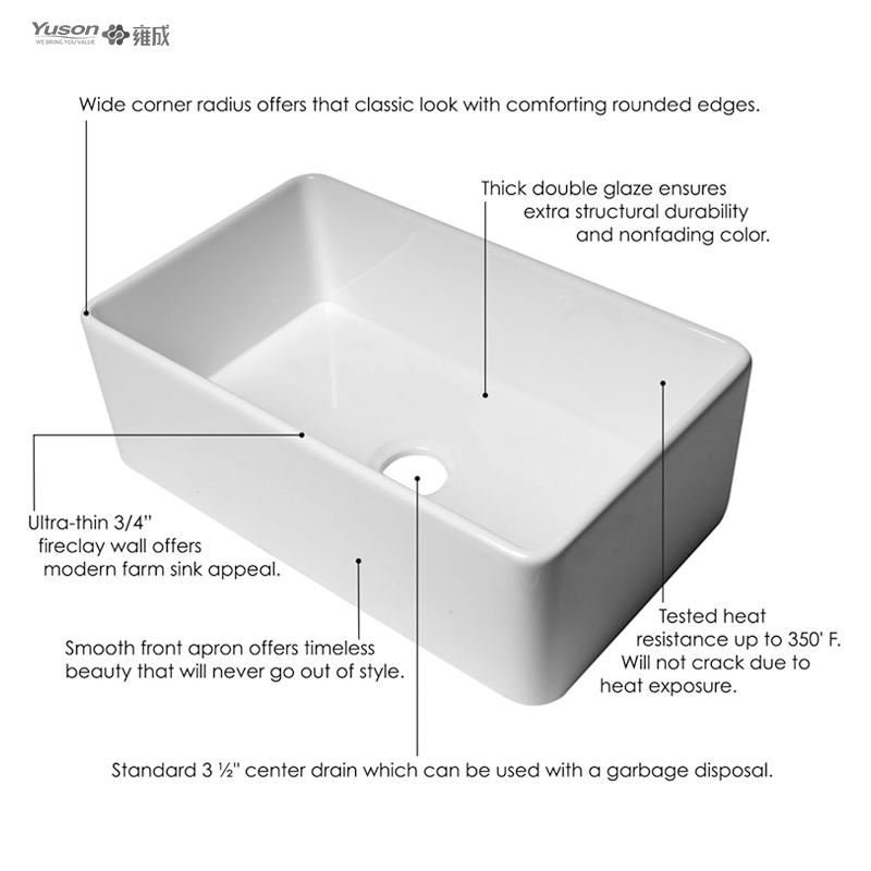 YS27101-3018 fabricant 30x18 pouces FFC Fine argile réfractaire chine tablier avant évier de cuisine simple bol majordome évier