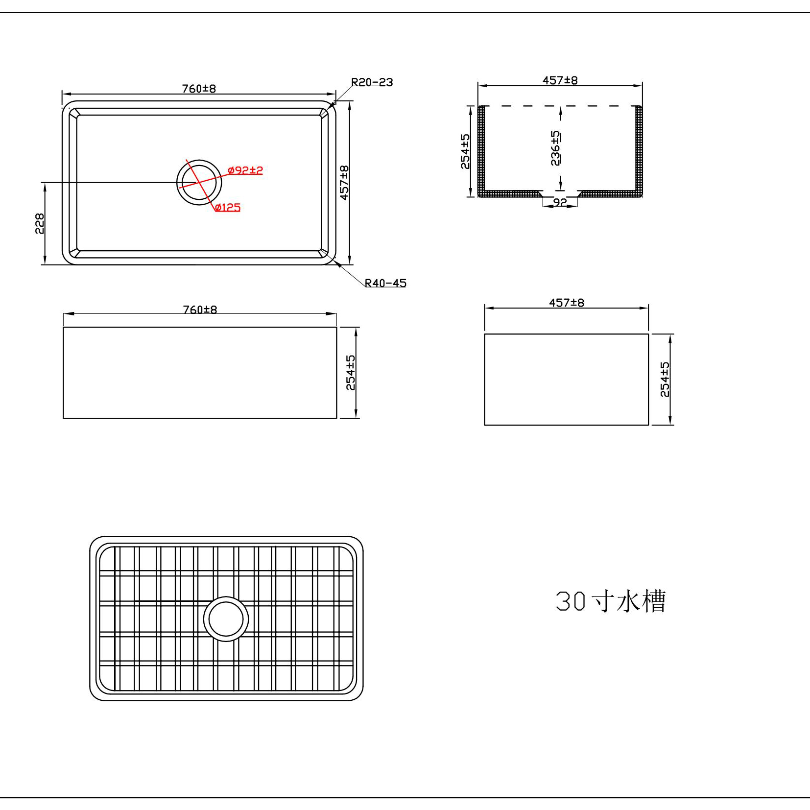 YS27101-3018 fabricant 30x18 pouces FFC Fine argile réfractaire chine tablier avant évier de cuisine simple bol majordome évier