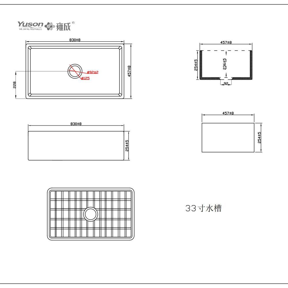 YS27101-3318 33x18 pouces, bol simple le plus vendu FFC, tablier de cuisine en argile réfractaire fine, évier de cuisine avant en argile réfractaire fine