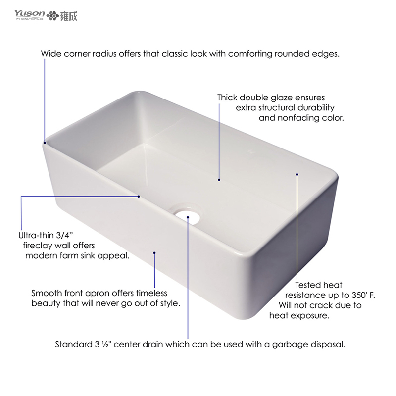 YS27101-3318 33x18 pouces, bol simple le plus vendu FFC, tablier de cuisine en argile réfractaire fine, évier de cuisine avant en argile réfractaire fine