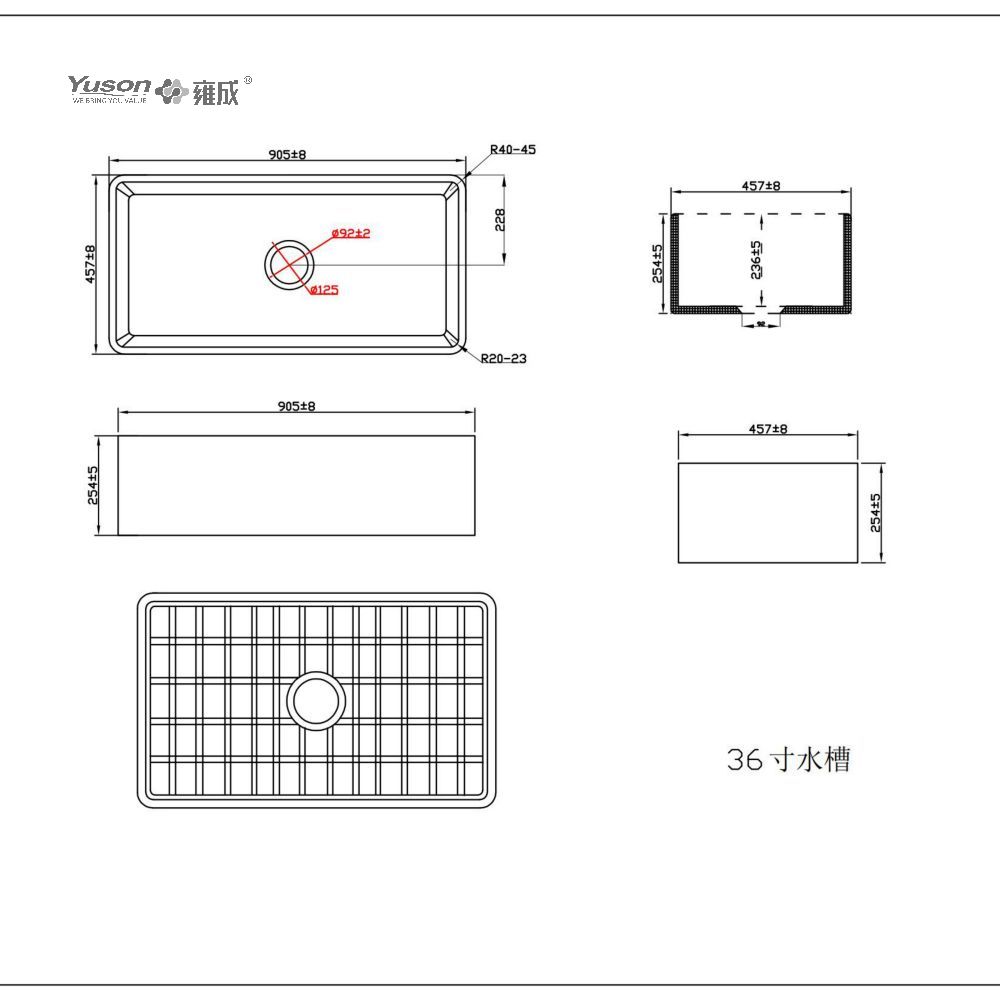 YS27101-3618 36x18 pouces le plus vendu bol simple FFC argile réfractaire fine chine tablier évier de cuisine avant évier de ferme à bol unique