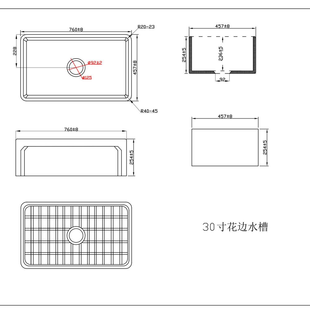 YS27102-3018 Fabricant 30x18 pouces FFC Fine Fireclay Chine Tablier avant évier de cuisine simple Ferme évier