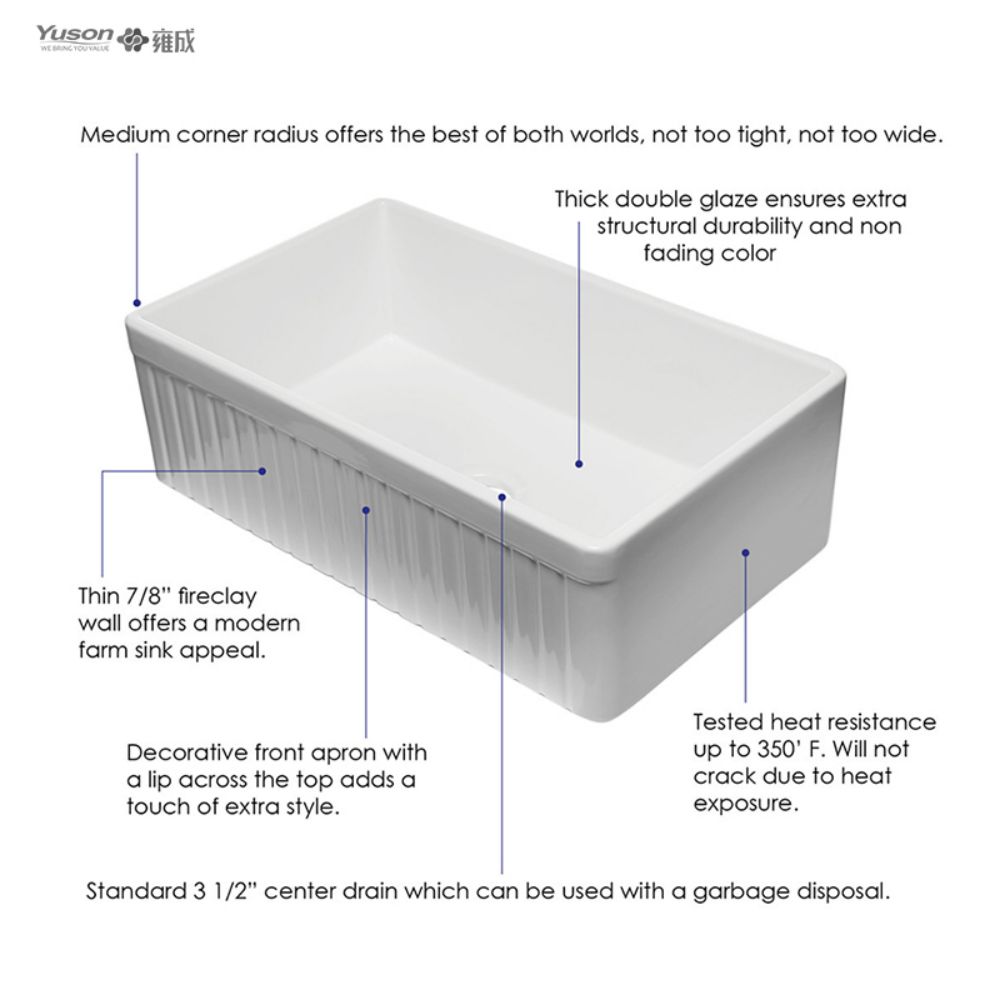 YS27104-3318 33x18 pouces, bol simple le plus vendu FFC, tablier de cuisine en argile réfractaire fine, évier de cuisine avant en argile réfractaire fine, évier de cuisine en porcelaine