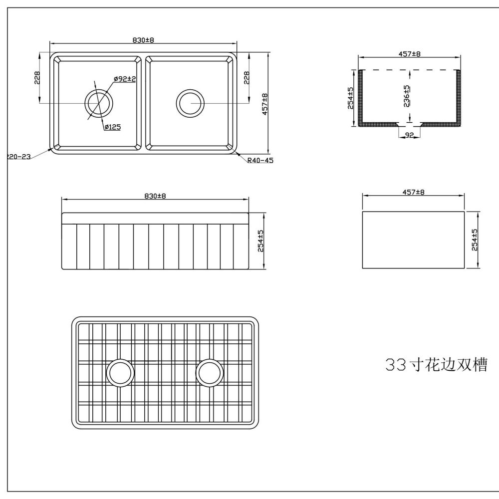 YS27104-3318D 33x18 pouces Double bols FFC argile réfractaire Fine chine tablier avant évier de cuisine évier de cuisine en argile réfractaire Fine