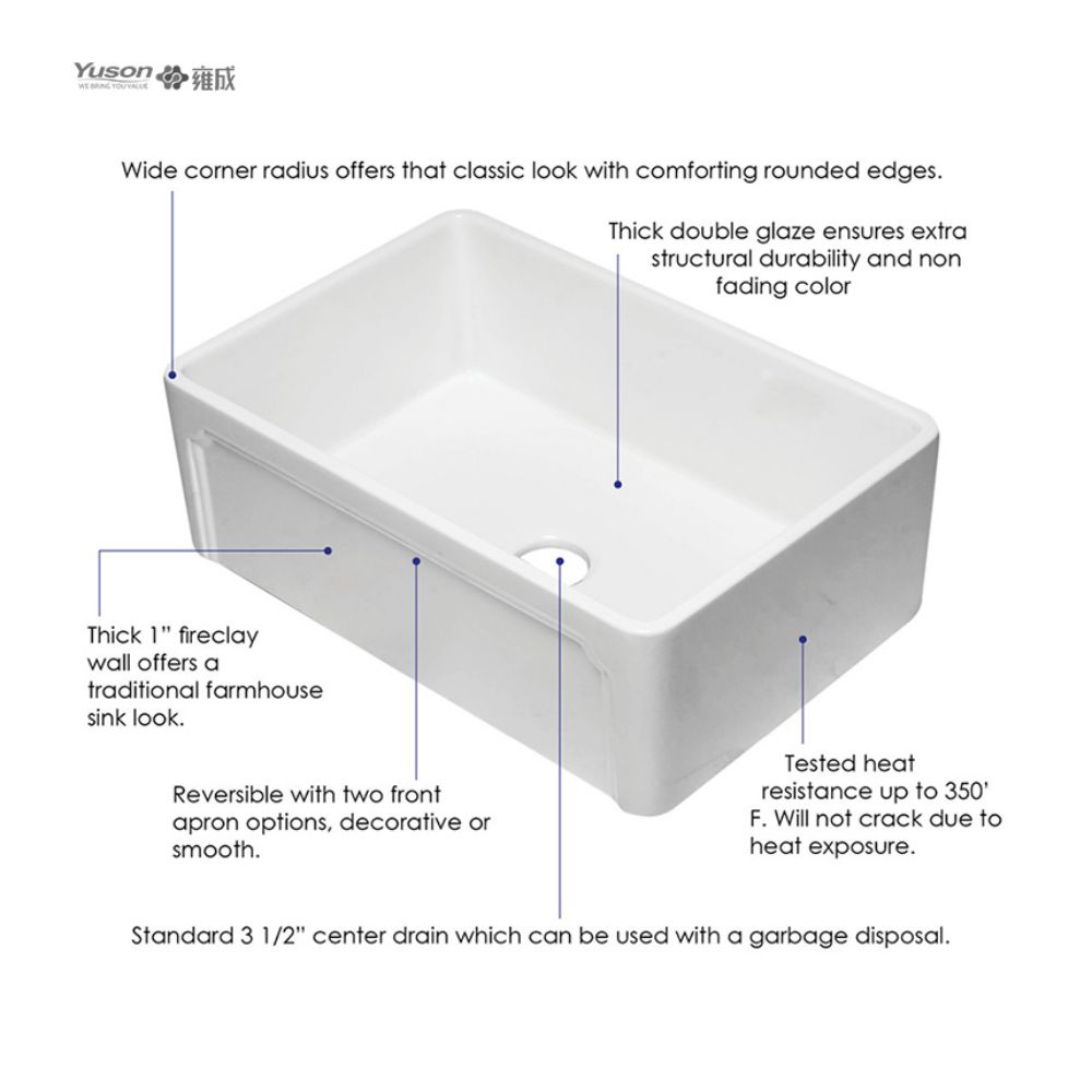 YS27102-3018 Fabricant 30x18 pouces FFC Fine Fireclay Chine Tablier avant évier de cuisine simple Ferme évier