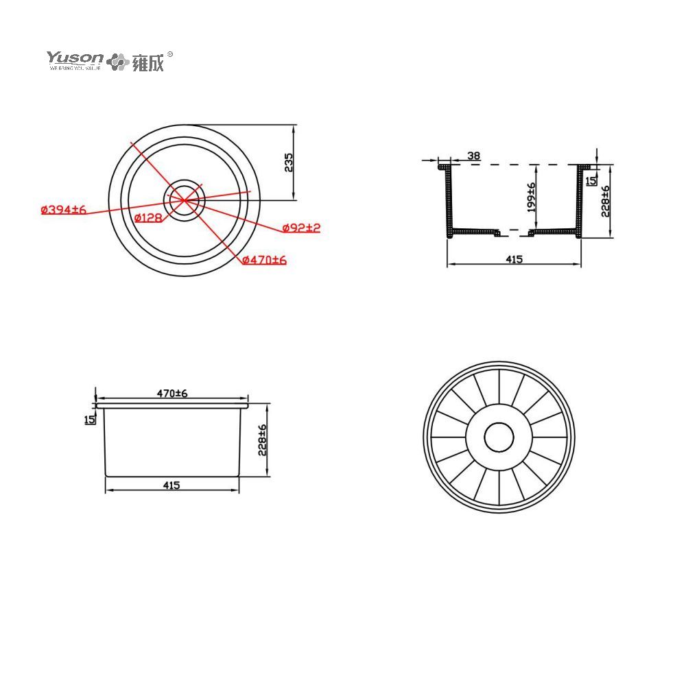 YS27105W-18R ø18 pouces évier de cuisine avant à tablier en argile réfractaire fine FFC à cuve simple ronde, évier de ferme, évier de salle de bain