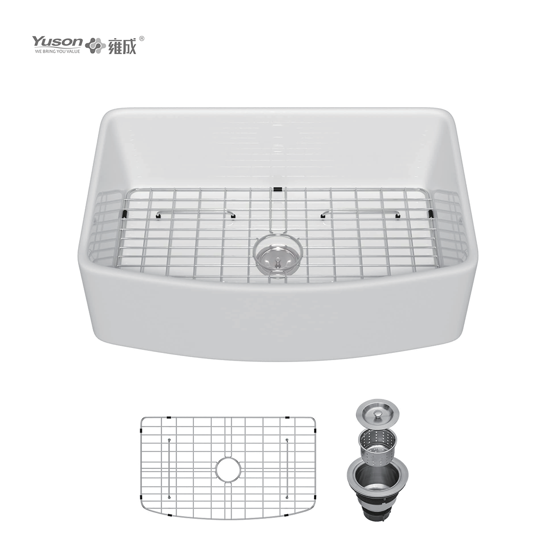 YS27108W-3021 Évier de cuisine avant à tablier en argile réfractaire fine FFC, nouvelle courbe de 30 x 21 pouces, à cuve unique, évier de ferme en céramique