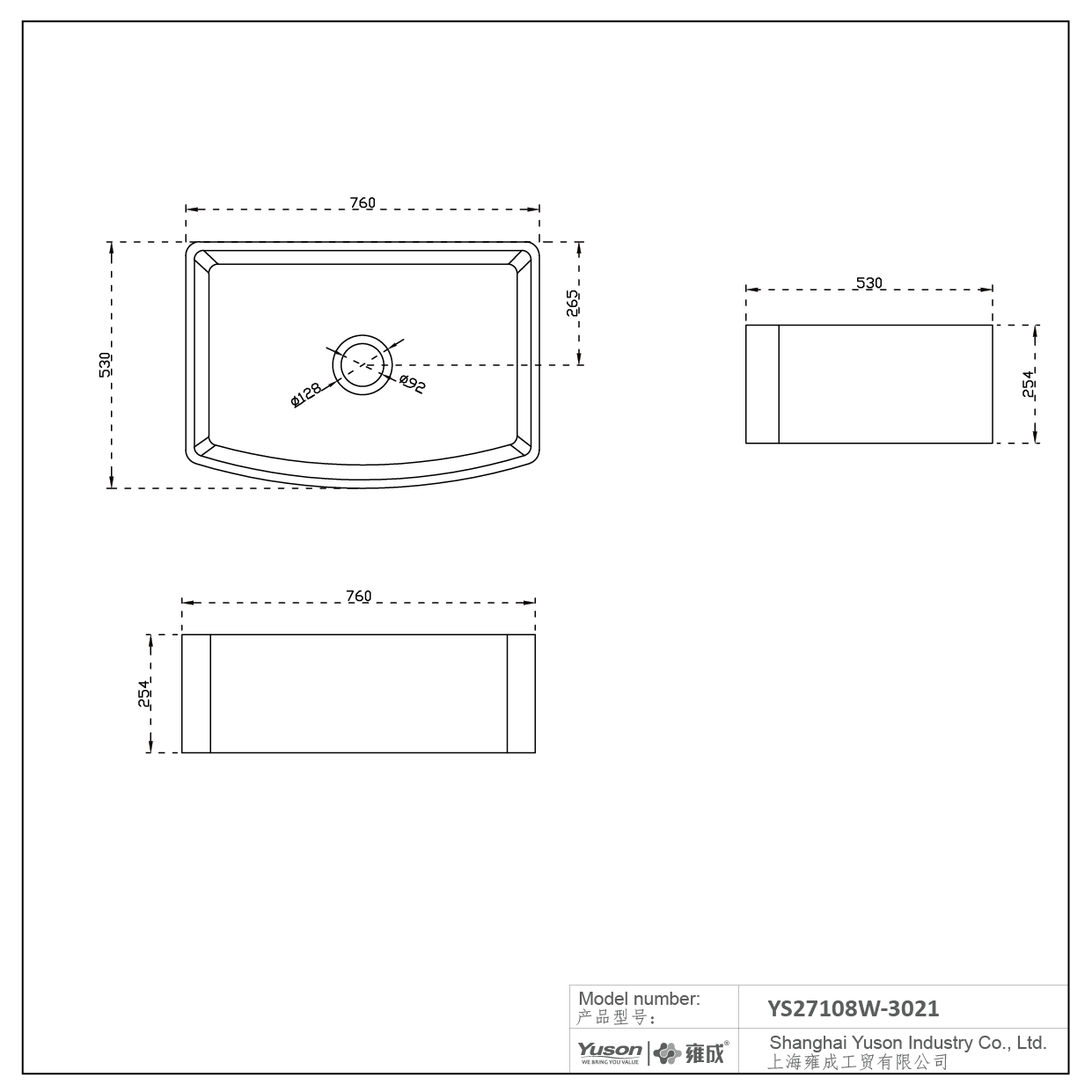 YS27108W-3021 Évier de cuisine avant à tablier en argile réfractaire fine FFC, nouvelle courbe de 30 x 21 pouces, à cuve unique, évier de ferme en céramique