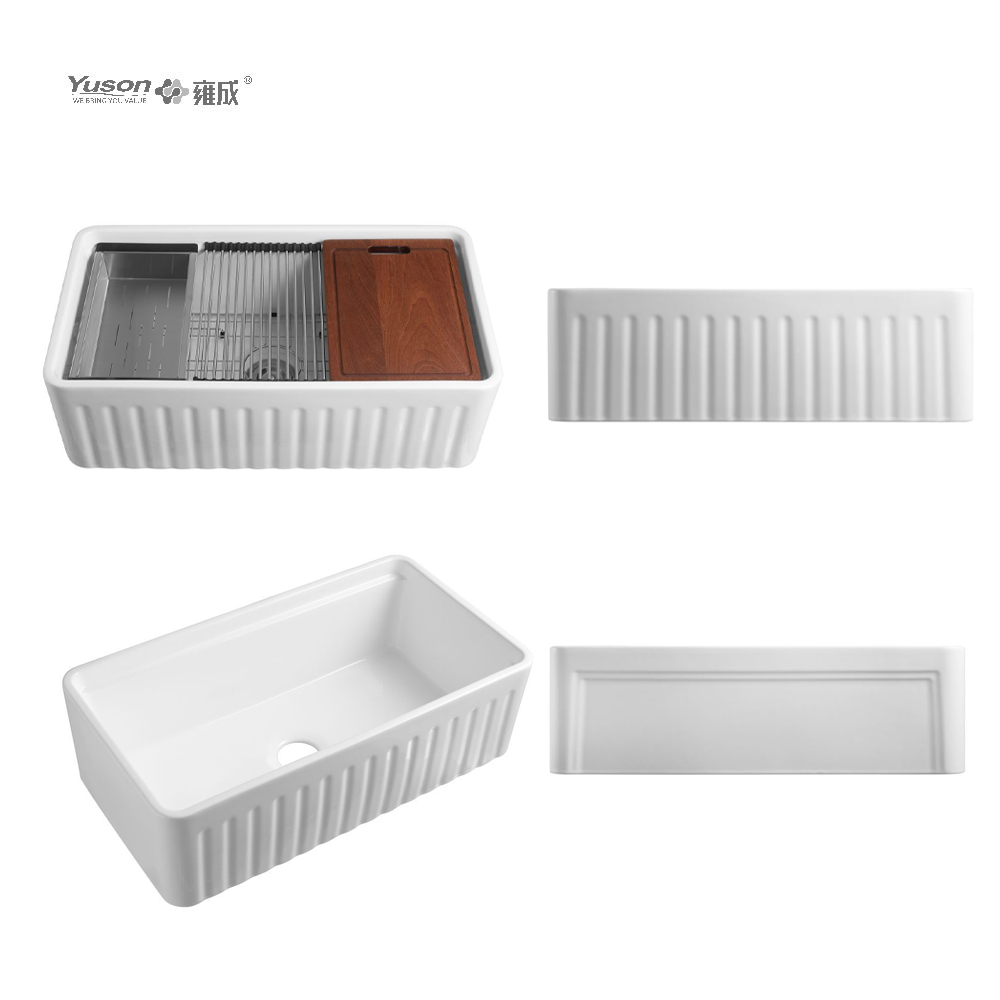 YS27121-3318 33x18 pouces fabricant bol simple VS tablier en porcelaine vitrifiée évier de cuisine avant évier de cuisine de ferme avec égouttoir et bloc à découper