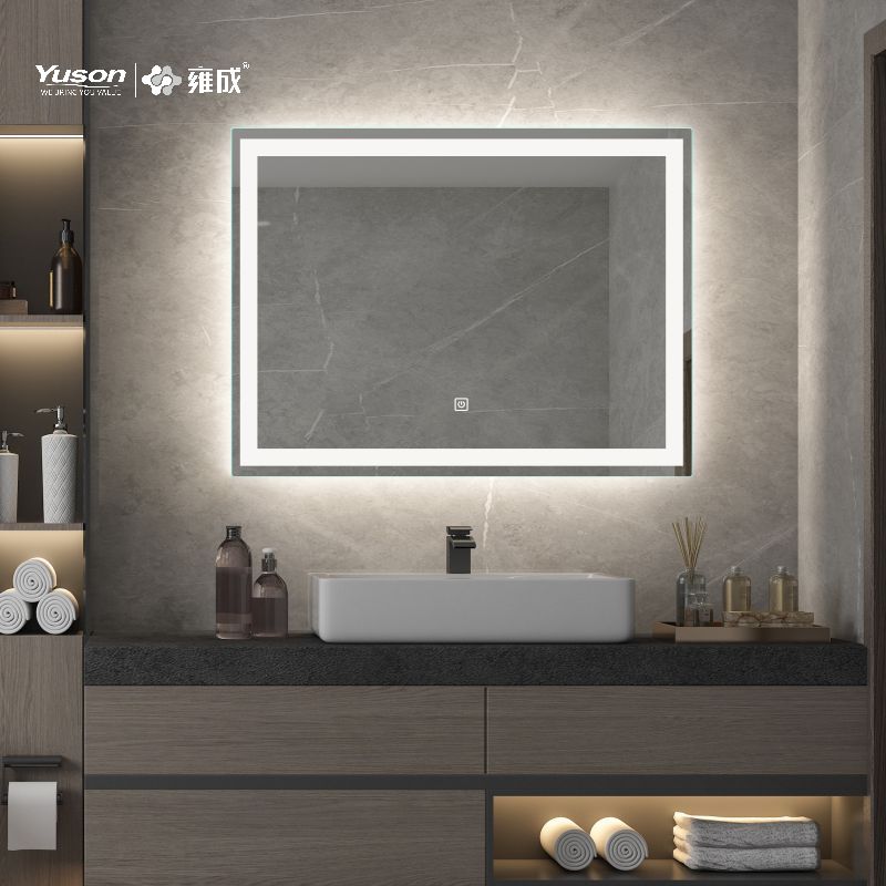 YS57102 Miroir LED mural de forme rectangulaire moderne, miroir LED antibuée