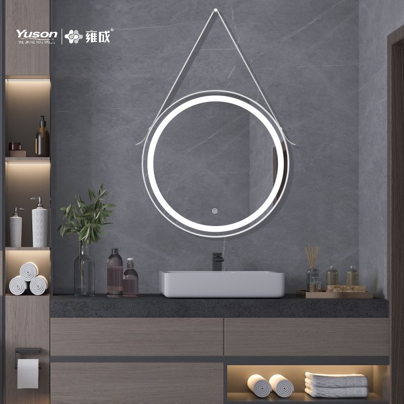 YS57142	Wall-hung LED Bathroom mirror, brass frame mirror with leather belt